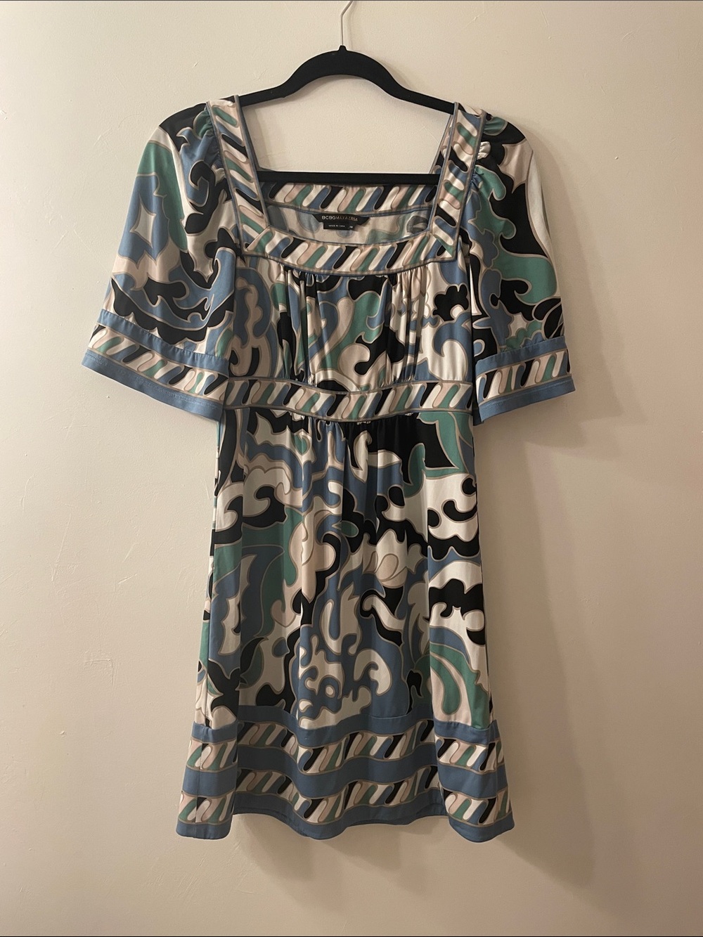 BCBGMaxAzria Teal, Black & Cream Swirl Square-Neck Dress